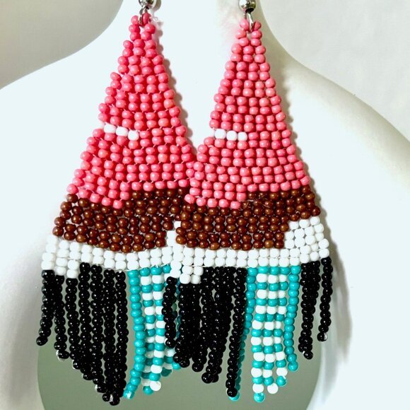 3 1/4"L Contemporary Modern Color Block Seed Bead Hand Beaded Dangle Earrings - Picture 1 of 3